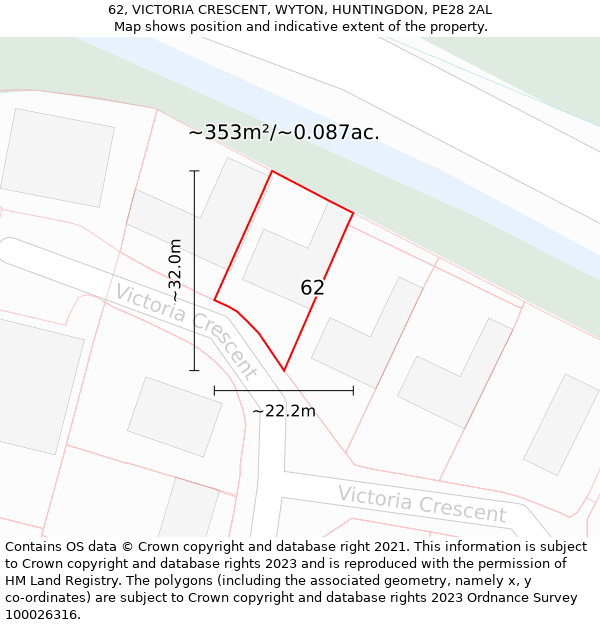 62, VICTORIA CRESCENT, WYTON, HUNTINGDON, PE28 2AL: Plot and title map