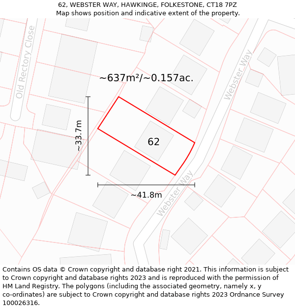 62, WEBSTER WAY, HAWKINGE, FOLKESTONE, CT18 7PZ: Plot and title map