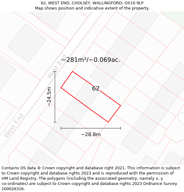 62, WEST END, CHOLSEY, WALLINGFORD, OX10 9LP: Plot and title map