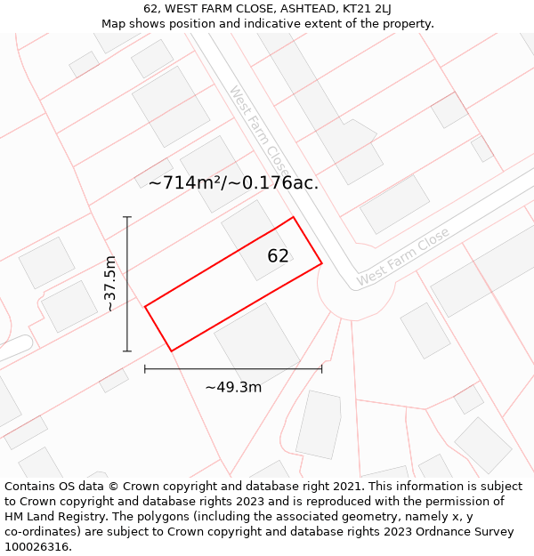 62, WEST FARM CLOSE, ASHTEAD, KT21 2LJ: Plot and title map