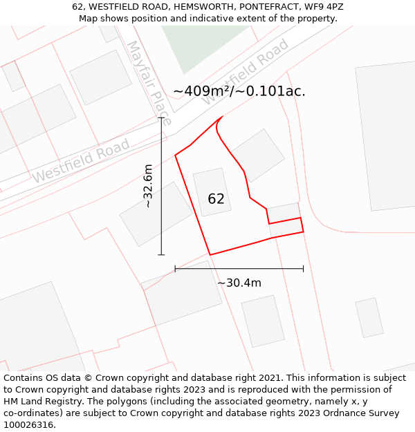 62, WESTFIELD ROAD, HEMSWORTH, PONTEFRACT, WF9 4PZ: Plot and title map