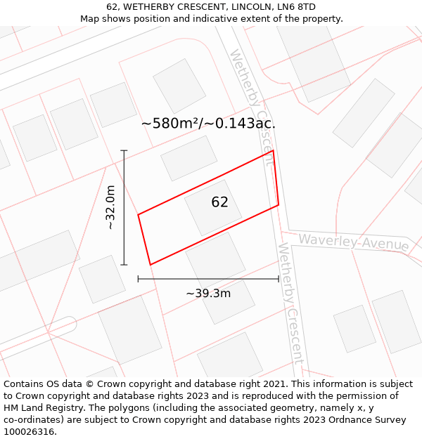 62, WETHERBY CRESCENT, LINCOLN, LN6 8TD: Plot and title map