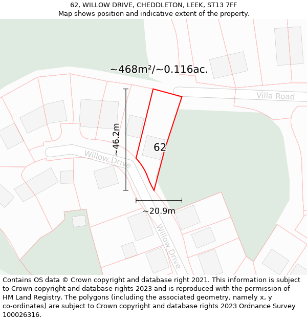 62, WILLOW DRIVE, CHEDDLETON, LEEK, ST13 7FF: Plot and title map