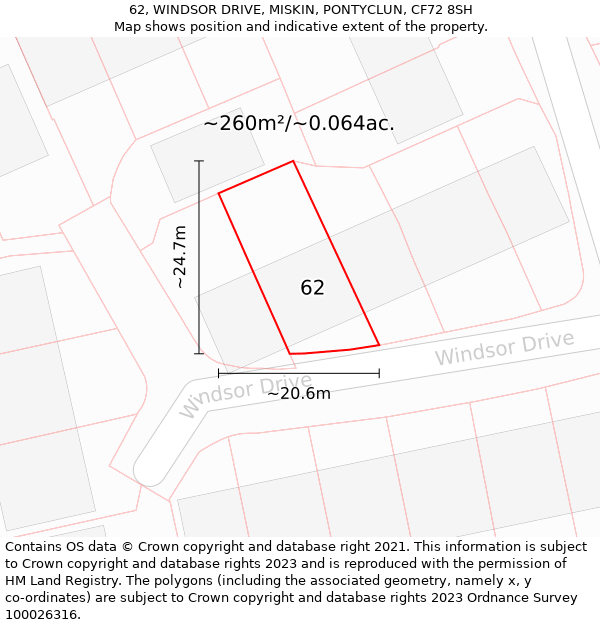 62, WINDSOR DRIVE, MISKIN, PONTYCLUN, CF72 8SH: Plot and title map