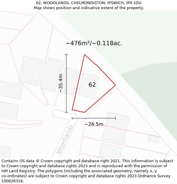 62, WOODLANDS, CHELMONDISTON, IPSWICH, IP9 1DU: Plot and title map