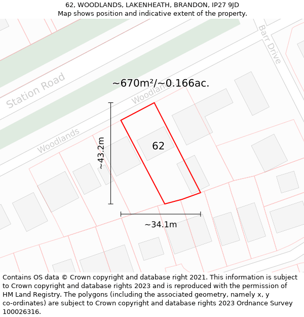 62, WOODLANDS, LAKENHEATH, BRANDON, IP27 9JD: Plot and title map