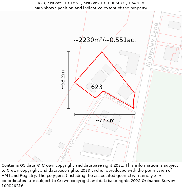 623, KNOWSLEY LANE, KNOWSLEY, PRESCOT, L34 9EA: Plot and title map