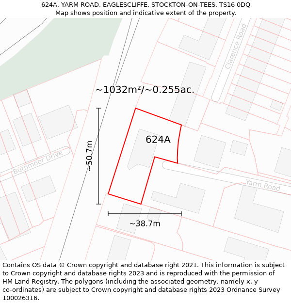 624A, YARM ROAD, EAGLESCLIFFE, STOCKTON-ON-TEES, TS16 0DQ: Plot and title map