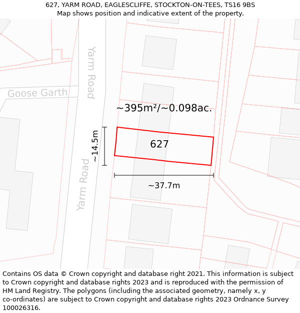 627, YARM ROAD, EAGLESCLIFFE, STOCKTON-ON-TEES, TS16 9BS: Plot and title map