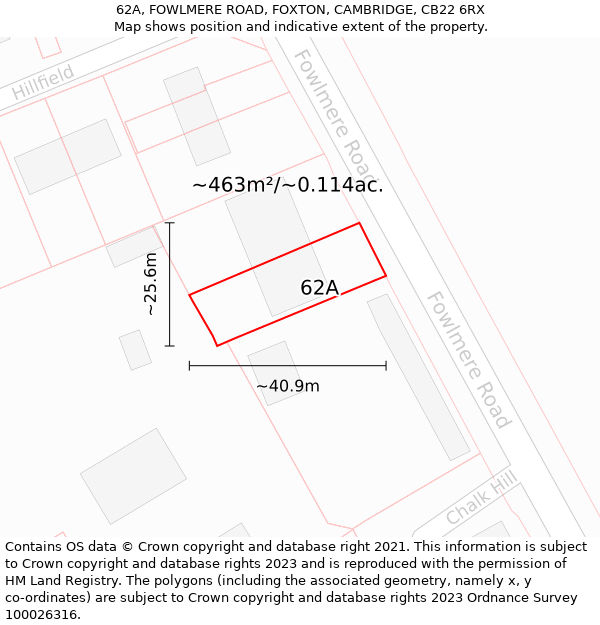 62A, FOWLMERE ROAD, FOXTON, CAMBRIDGE, CB22 6RX: Plot and title map