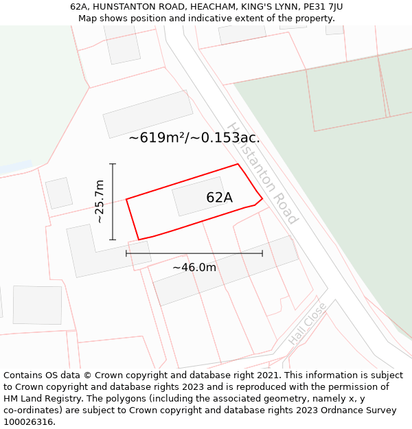 62A, HUNSTANTON ROAD, HEACHAM, KING'S LYNN, PE31 7JU: Plot and title map