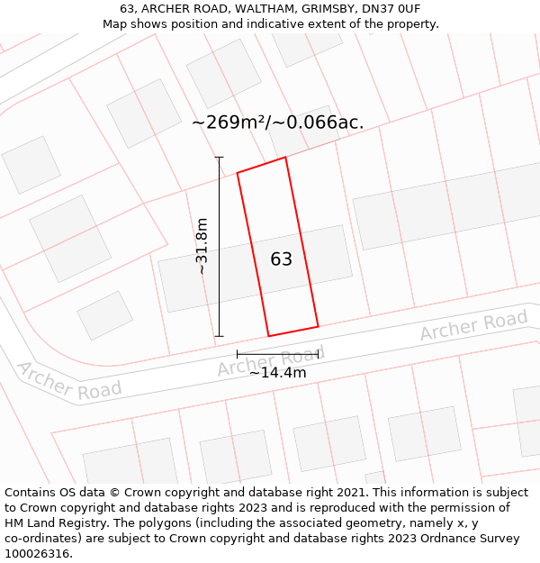 63, ARCHER ROAD, WALTHAM, GRIMSBY, DN37 0UF: Plot and title map