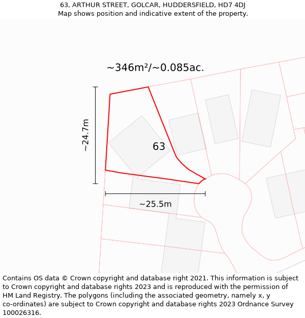 63, ARTHUR STREET, GOLCAR, HUDDERSFIELD, HD7 4DJ: Plot and title map