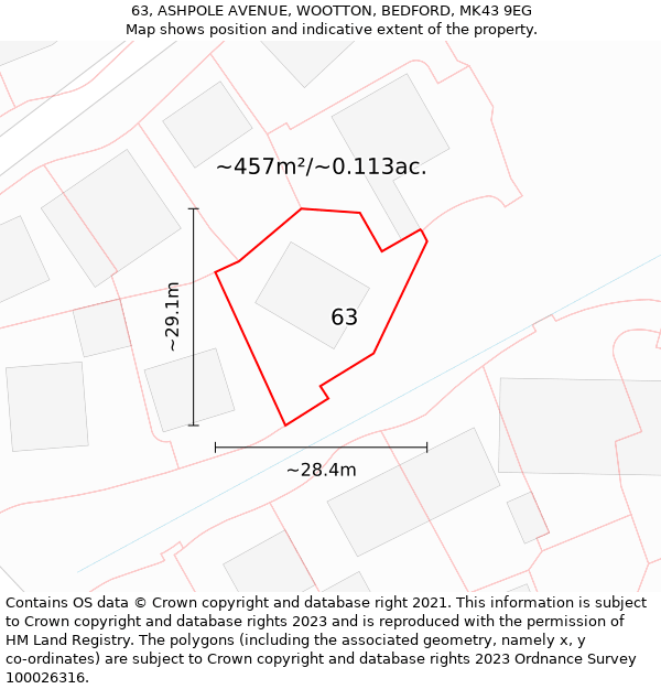 63, ASHPOLE AVENUE, WOOTTON, BEDFORD, MK43 9EG: Plot and title map