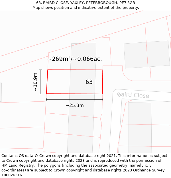 63, BAIRD CLOSE, YAXLEY, PETERBOROUGH, PE7 3GB: Plot and title map