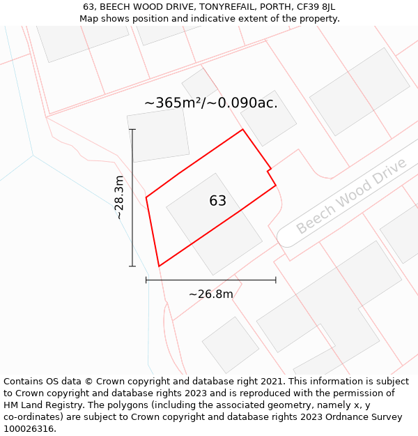 63, BEECH WOOD DRIVE, TONYREFAIL, PORTH, CF39 8JL: Plot and title map