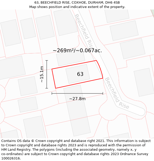 63, BEECHFIELD RISE, COXHOE, DURHAM, DH6 4SB: Plot and title map