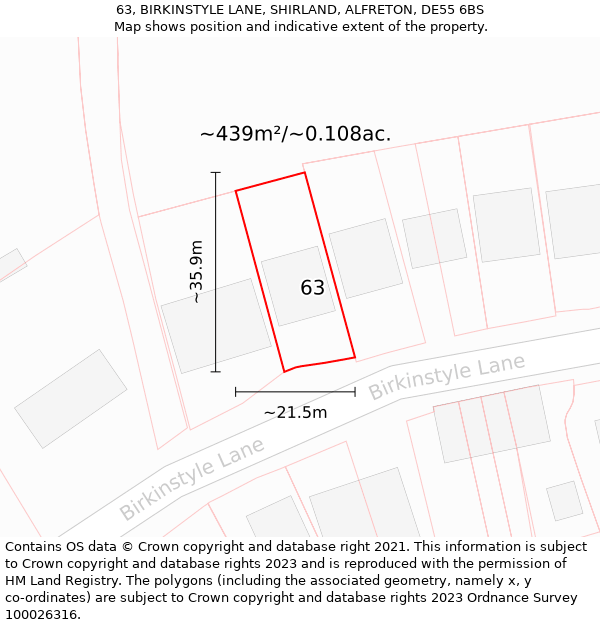 63, BIRKINSTYLE LANE, SHIRLAND, ALFRETON, DE55 6BS: Plot and title map