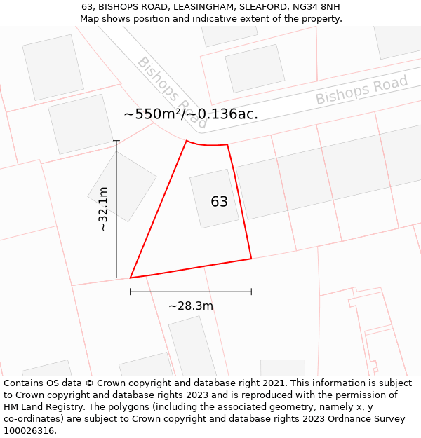 63, BISHOPS ROAD, LEASINGHAM, SLEAFORD, NG34 8NH: Plot and title map