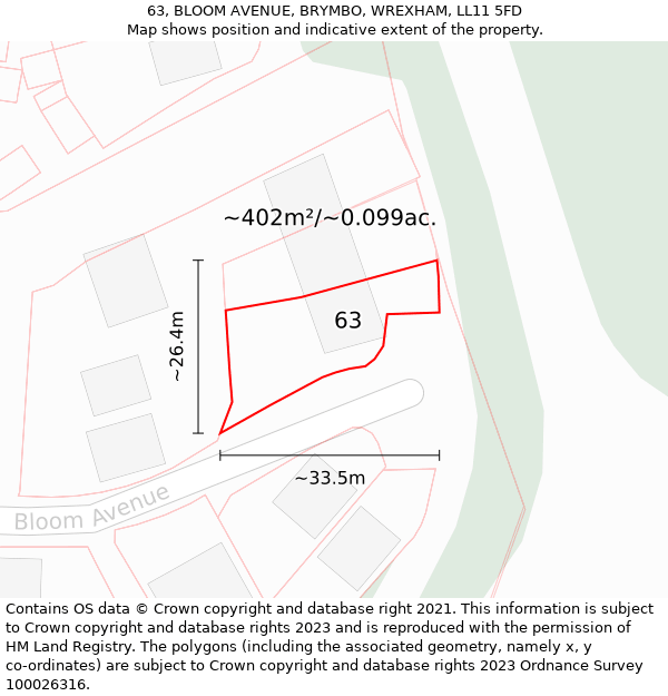 63, BLOOM AVENUE, BRYMBO, WREXHAM, LL11 5FD: Plot and title map