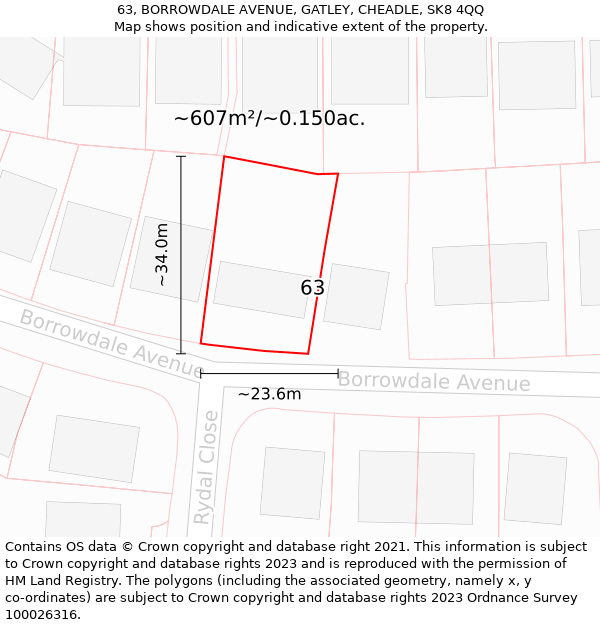 63, BORROWDALE AVENUE, GATLEY, CHEADLE, SK8 4QQ: Plot and title map