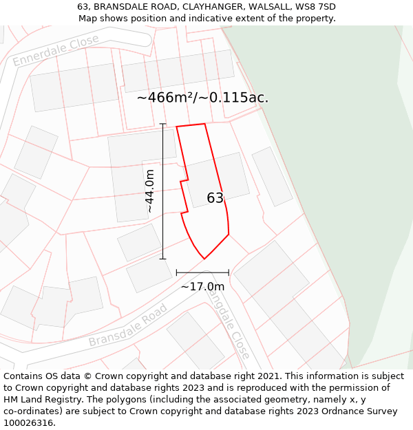 63, BRANSDALE ROAD, CLAYHANGER, WALSALL, WS8 7SD: Plot and title map