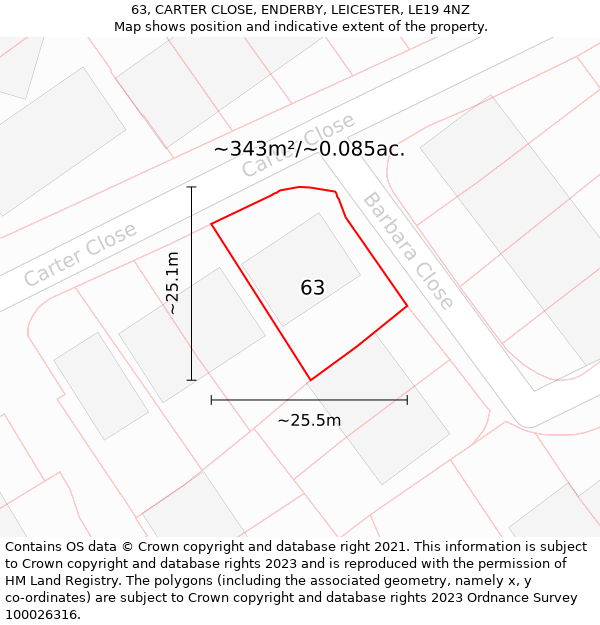 63, CARTER CLOSE, ENDERBY, LEICESTER, LE19 4NZ: Plot and title map