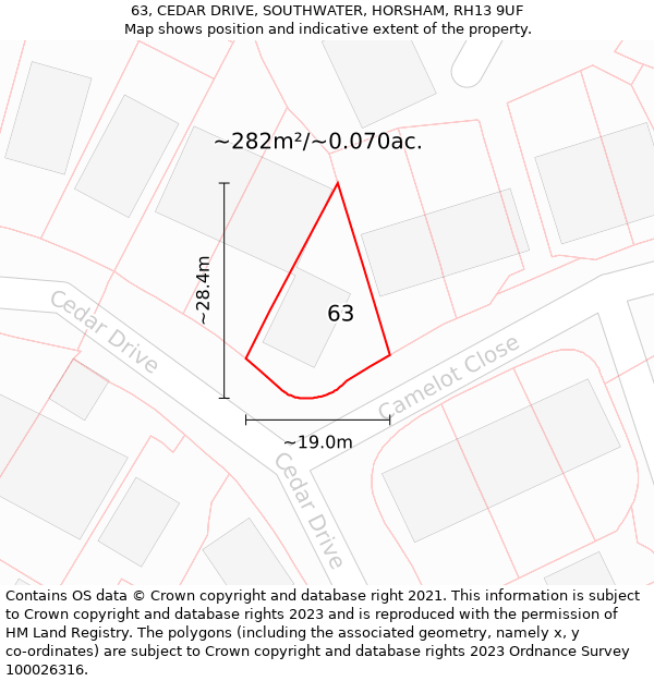 63, CEDAR DRIVE, SOUTHWATER, HORSHAM, RH13 9UF: Plot and title map