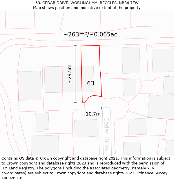 63, CEDAR DRIVE, WORLINGHAM, BECCLES, NR34 7EW: Plot and title map