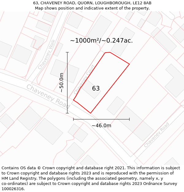 63, CHAVENEY ROAD, QUORN, LOUGHBOROUGH, LE12 8AB: Plot and title map