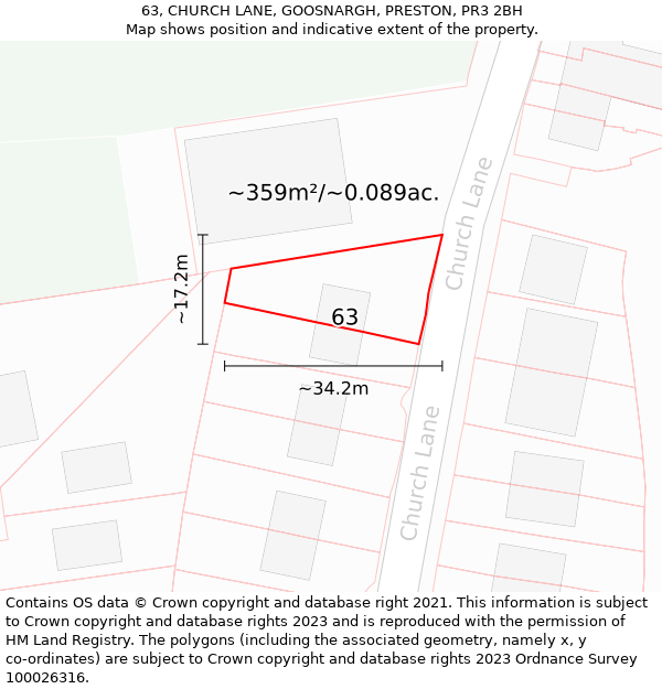 63, CHURCH LANE, GOOSNARGH, PRESTON, PR3 2BH: Plot and title map