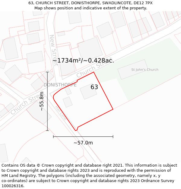 63, CHURCH STREET, DONISTHORPE, SWADLINCOTE, DE12 7PX: Plot and title map
