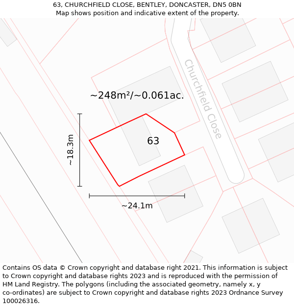 63, CHURCHFIELD CLOSE, BENTLEY, DONCASTER, DN5 0BN: Plot and title map
