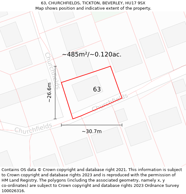 63, CHURCHFIELDS, TICKTON, BEVERLEY, HU17 9SX: Plot and title map