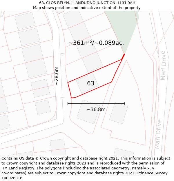 63, CLOS BELYN, LLANDUDNO JUNCTION, LL31 9AH: Plot and title map