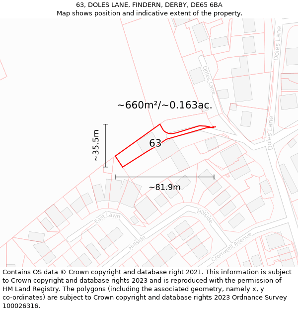 63, DOLES LANE, FINDERN, DERBY, DE65 6BA: Plot and title map
