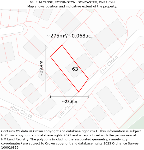 63, ELM CLOSE, ROSSINGTON, DONCASTER, DN11 0YH: Plot and title map