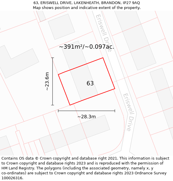 63, ERISWELL DRIVE, LAKENHEATH, BRANDON, IP27 9AQ: Plot and title map