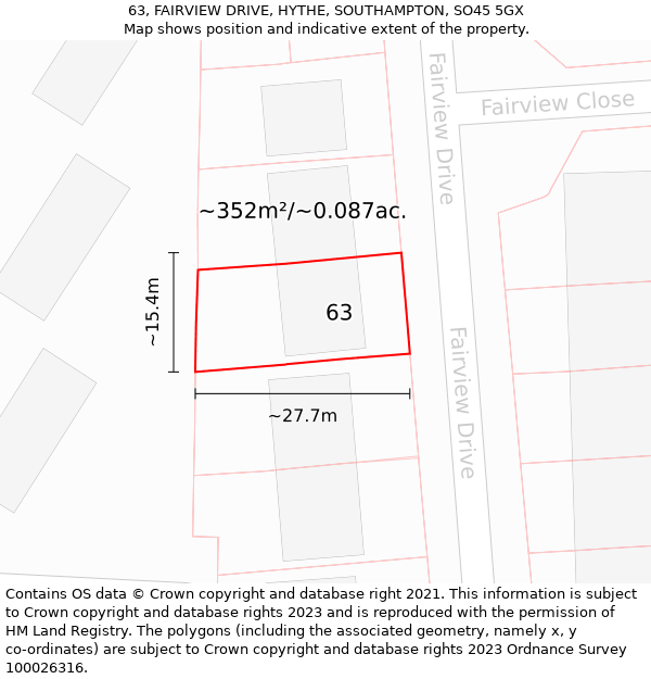 63, FAIRVIEW DRIVE, HYTHE, SOUTHAMPTON, SO45 5GX: Plot and title map