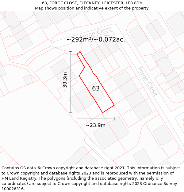 63, FORGE CLOSE, FLECKNEY, LEICESTER, LE8 8DA: Plot and title map