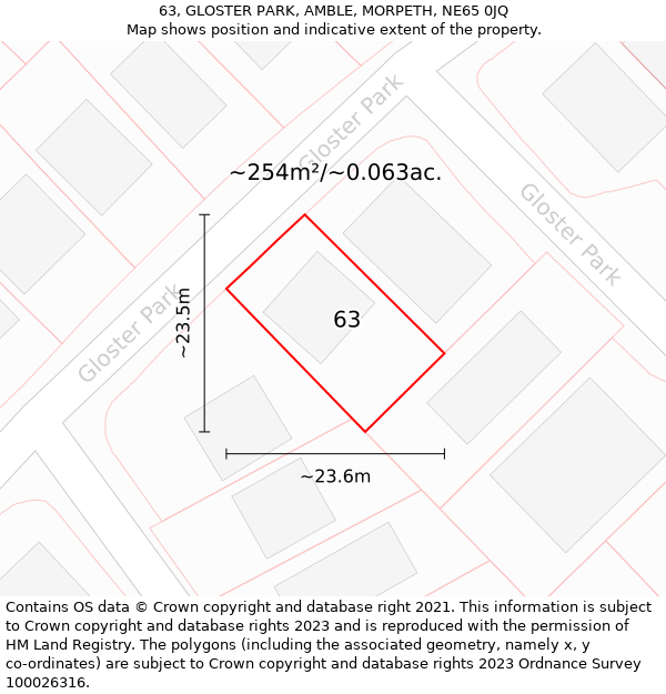 63, GLOSTER PARK, AMBLE, MORPETH, NE65 0JQ: Plot and title map