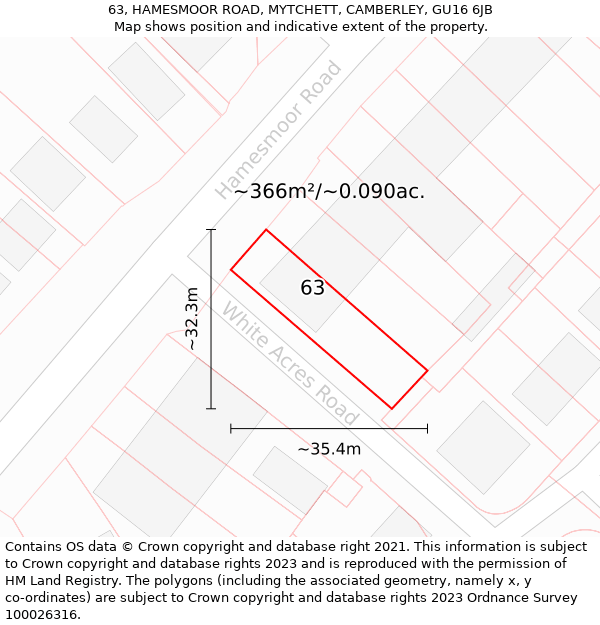 63, HAMESMOOR ROAD, MYTCHETT, CAMBERLEY, GU16 6JB: Plot and title map