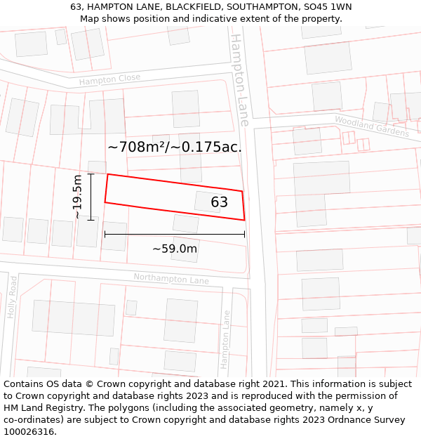 63, HAMPTON LANE, BLACKFIELD, SOUTHAMPTON, SO45 1WN: Plot and title map