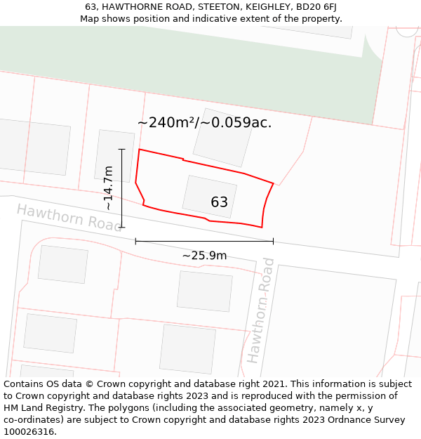 63, HAWTHORNE ROAD, STEETON, KEIGHLEY, BD20 6FJ: Plot and title map