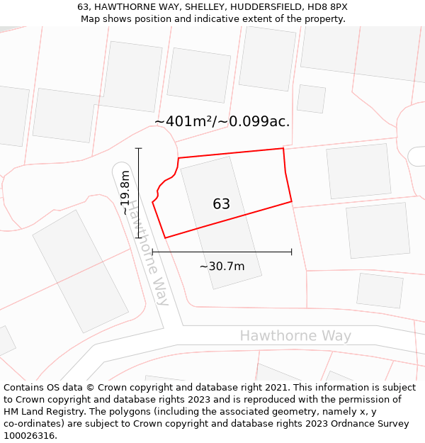 63, HAWTHORNE WAY, SHELLEY, HUDDERSFIELD, HD8 8PX: Plot and title map