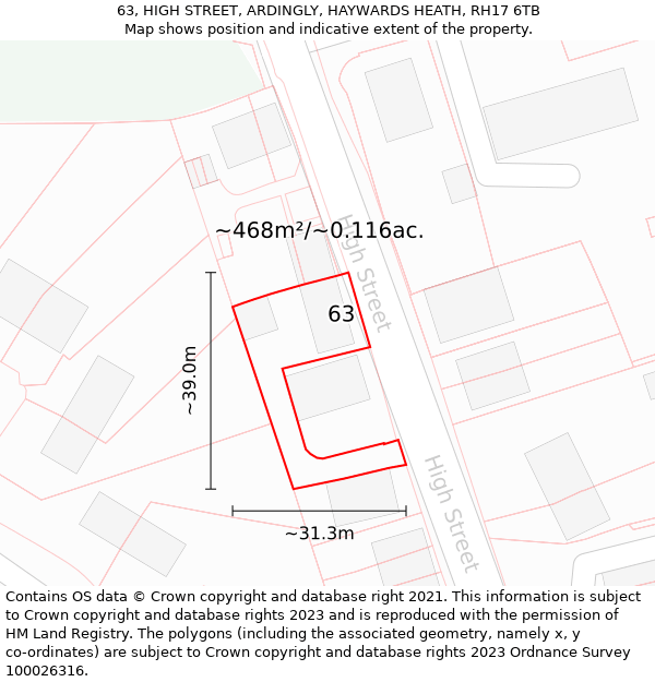 63, HIGH STREET, ARDINGLY, HAYWARDS HEATH, RH17 6TB: Plot and title map