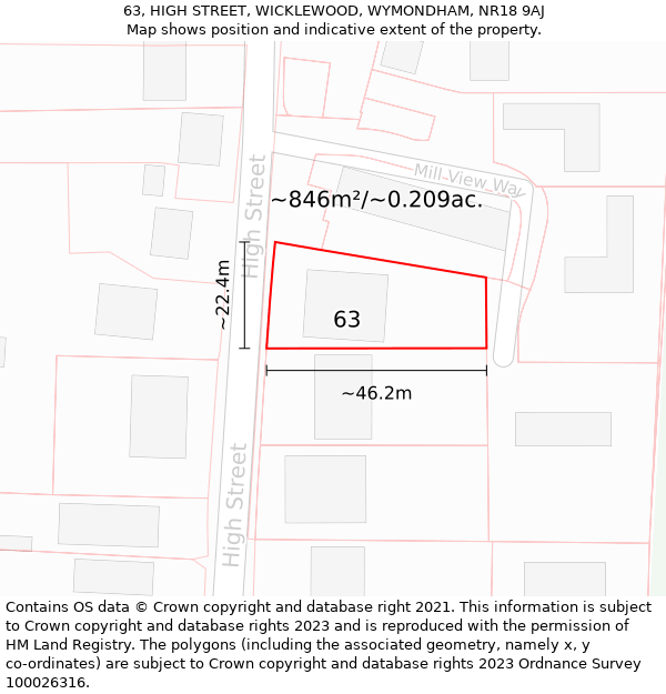 63, HIGH STREET, WICKLEWOOD, WYMONDHAM, NR18 9AJ: Plot and title map