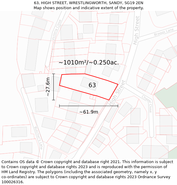 63, HIGH STREET, WRESTLINGWORTH, SANDY, SG19 2EN: Plot and title map