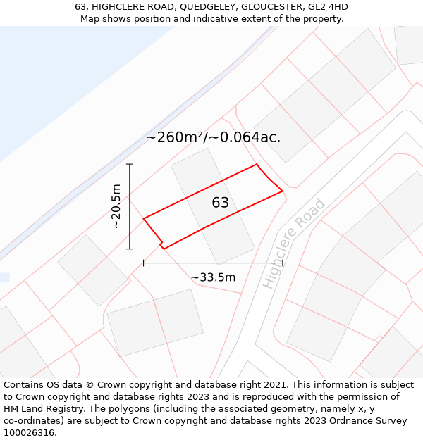 63, HIGHCLERE ROAD, QUEDGELEY, GLOUCESTER, GL2 4HD: Plot and title map