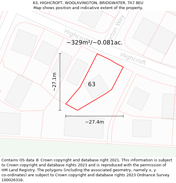 63, HIGHCROFT, WOOLAVINGTON, BRIDGWATER, TA7 8EU: Plot and title map